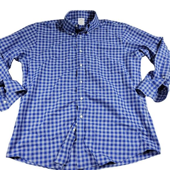 Brooks Brothers Shirt Mens 17 2/3 Blue Button Down Plaid Soft Oxford Regent Fit - Picture 1 of 7